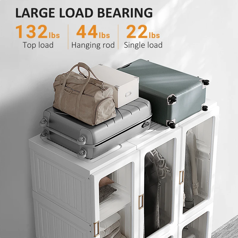 HOMCOM Portable Clothes Wardrobe for Bedroom, Foldable Clothes Organiser with Cube Storage, Hanging Rods, Magnet Doors, White