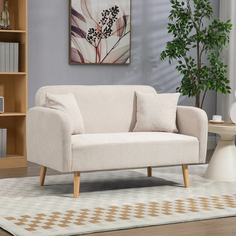 HOMCOM Sofá 2 lugares, design moderno, com 2 almofadas, pés de madeira, 130 x 70 x 80 cm, creme