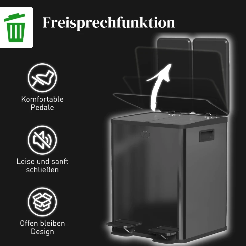 HOMCOM 2 x 20 L Doppelmülleimer, Pedalöffnung, leicht zu reinigen, Edelstahl, Kunststoff, Schwarz