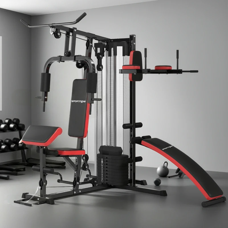 SPORTNOW Station Multi Gym avec Poids de 65 kg, Équipement de Musculation avec Banc pour Abdominaux, Noir et Rouge