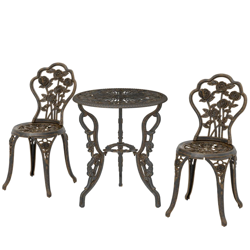 Outsunny Garden Bistro Set with Umbrella Hole, 3 Piece Cast Aluminium Garden Furniture Set, Antique Floral Round Coffee Table and Chairs, Small Balcony Furniture for Outdoor, Patio, Brown Tone