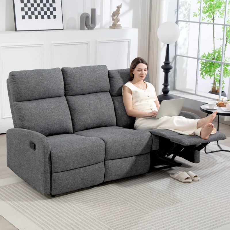 HOMCOM Divano 3 Posti Reclinabile in maniera Indipendente con Rivestimento in Ciniglia Grigia, 179x91x98 cm