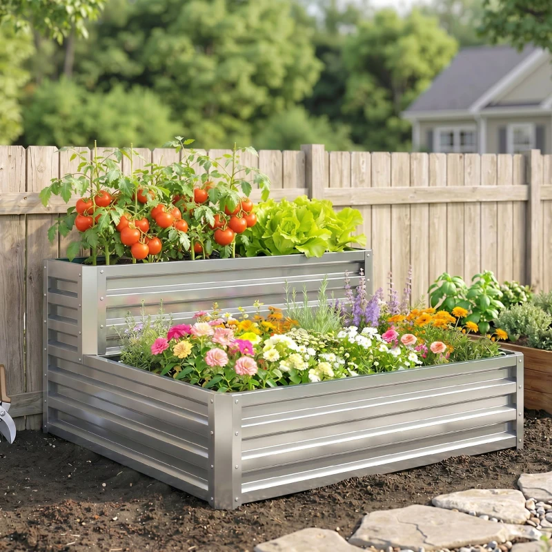 Outsunny Jardinera Exterior de Acero Galvanizado con Diseño de Escalera Base Abierta para Cultivos Plantas 120x101x58 cm Plata