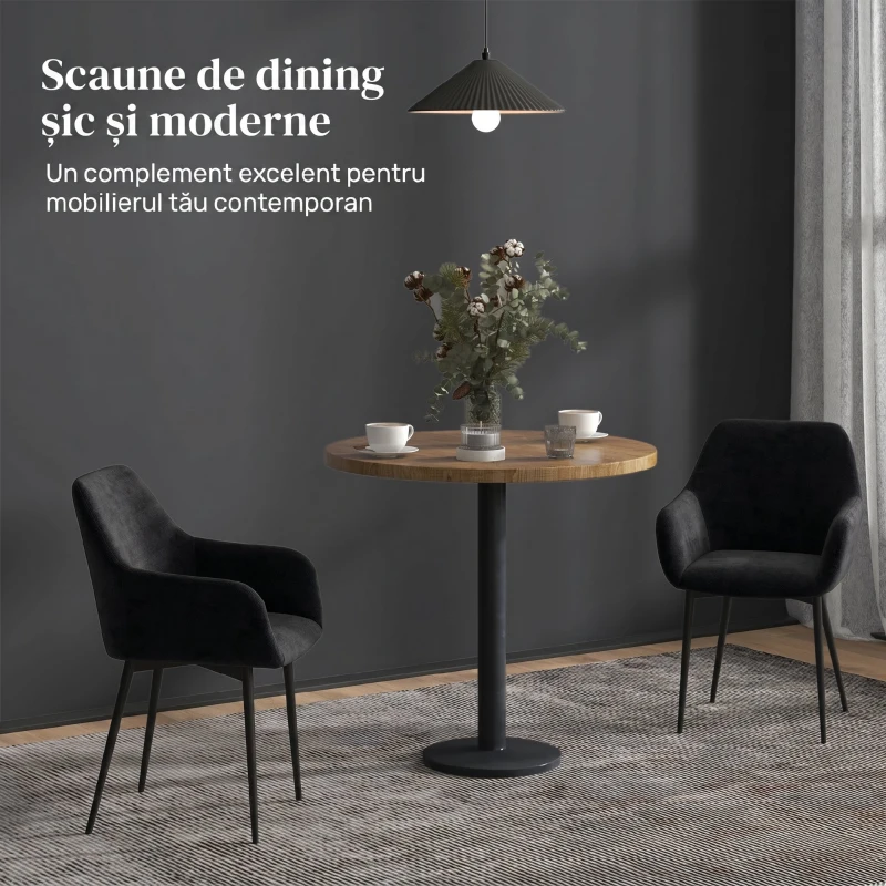 HOMCOM Set 2 Scaune Moderne pentru Sufragerie cu Brațe, Șezut Tapițat și Picioare din Oțel, 54x57x80 cm, Negru