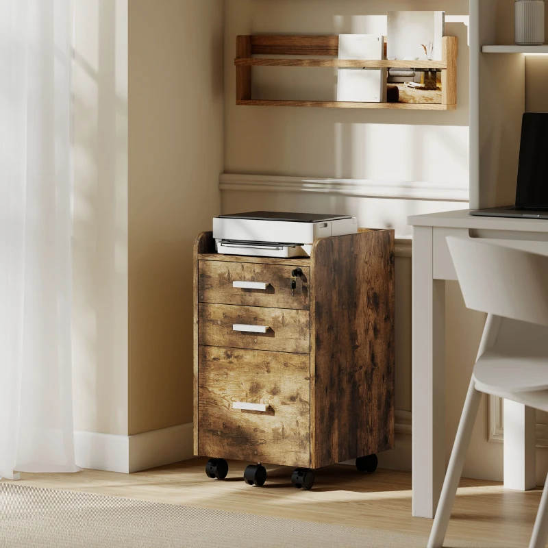 HOMCOM 3 Drawer Filing Cabinet with Lock, Rolling File Cabinet with Edged Top for Letter, A4 Size, Hanging File Folders