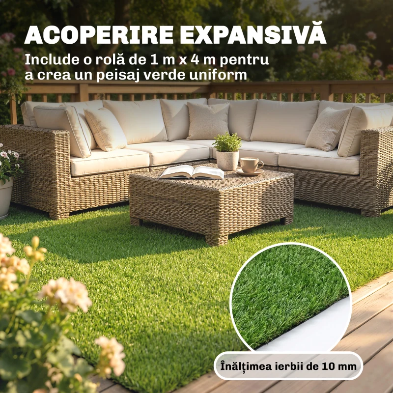 Outsunny Gazon Artificial pentru Exterior 1m x 4m, Covor Verde Sintetic cu Înălțime de 10mm, Drenant, Ideal pentru Grădini, Terase, Familii, Animale de Companie, Interior și Exterior