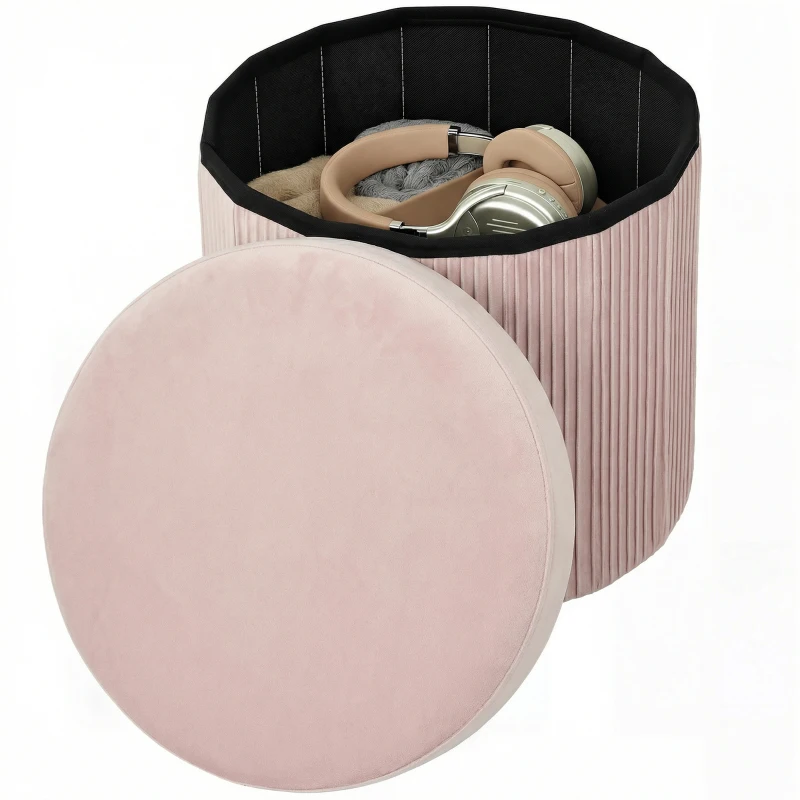 HOMCOM Puff Almacenaje Banco Almacenaje Plegable 35 L 38x38x38 cm Tapizado en Terciopelo Baúl de Almacenamiento Redondo Rosa