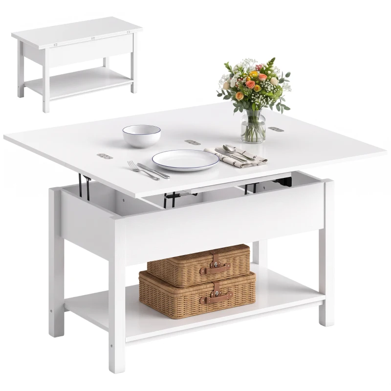 HOMCOM Mesa de Centro Elevatória e Extensível Mesa de Sala com Compartimento Oculto Prateleira Aberta 100x45x50,5 cm Branco