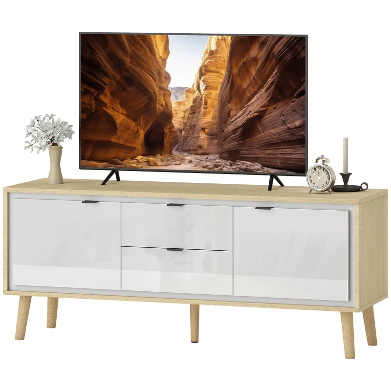 HOMCOM Mueble de TV Moderno de 2 Puertas 2 Cajones Orificios y Estantes Extraíbles 120x35x50 cm Blanco Brillo y Roble