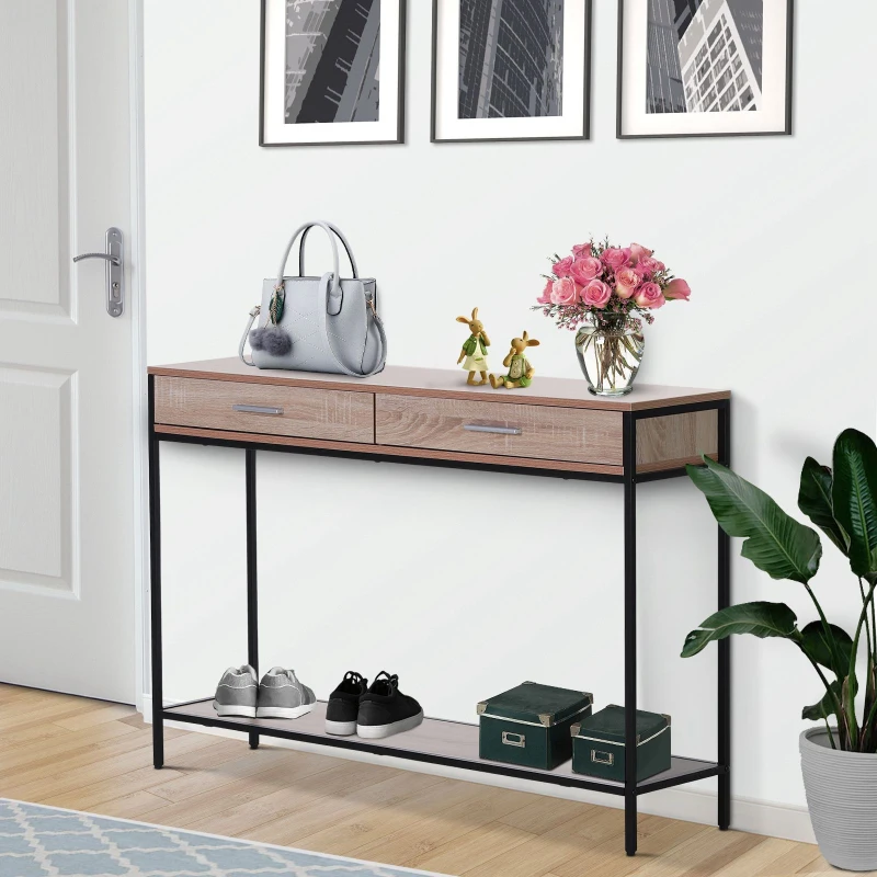 HOMCOM Console Table Worktop Bottom Shelf Home Two Drawer Industrial Minimal Style Oak Wood Tone Effect