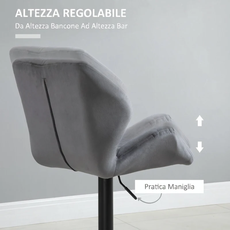 HOMCOM Set di 2 Sgabelli da Bar Alti in Velluto Imbottiti con Altezza Regolabile, Sgabelli Cucina Girevoli con Schienale e Poggiapiedi, Grigio