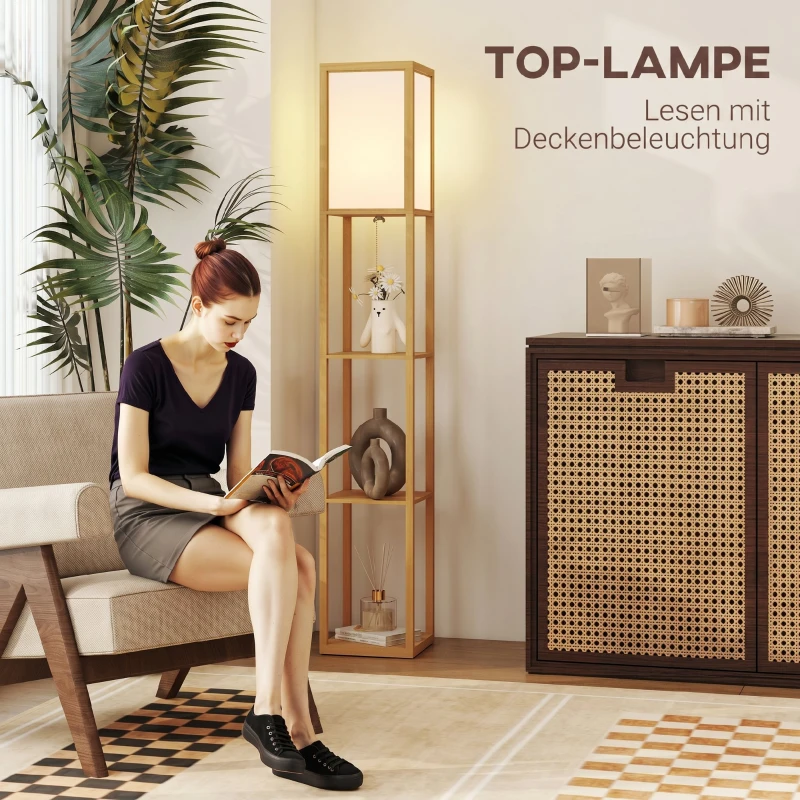 HOMCOM Stehlampe mit 3 Regalen, Stehleuchte mit E27 Fassung, 26 x 26 x 160 cm, für Wohn-/Schlafzimmer (Ohne Glühbirne)