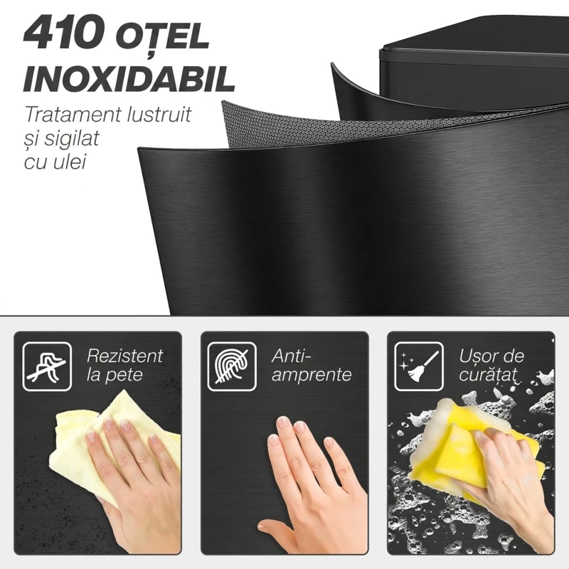 HOMCOM Coș de gunoi 20L cu închidere lentă și recipient detașabil, din oțel și PP, 21,5x37,2x57 cm, negru