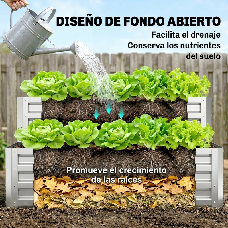 Outsunny Jardinera Exterior de Acero Galvanizado con Diseño de Escalera Base Abierta para Cultivos Plantas 120x101x58 cm Plata