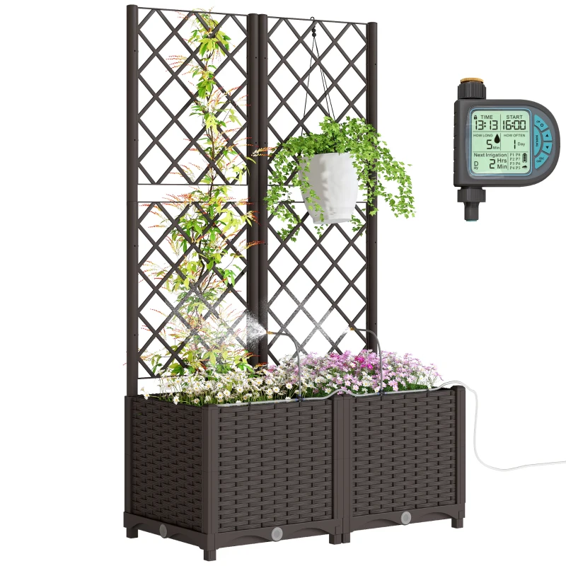 Outsunny 2er Set Spalier mit Pflanzkasten Blumenkasten mit Drainageloch Timer Bewässerungssystem 80 x 40 x 136 cm Braun