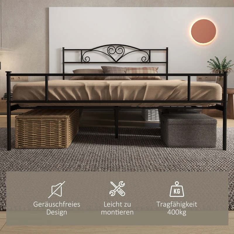 HOMCOM Bett 160 x 200 cm Bettrahmen mit Lattenrost aus Stahl, Unterbettaufbewahrung, Doppelbett, Schwarz