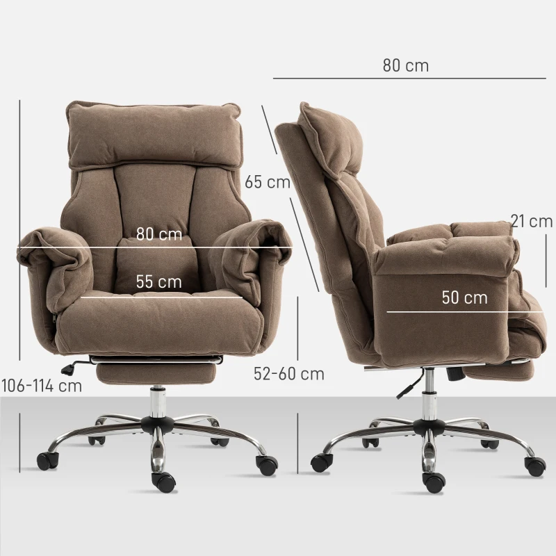 HOMCOM Cadeira de escritório ergonómica, encosto reclinável, apoio para os pés, tecido macio, castanho claro