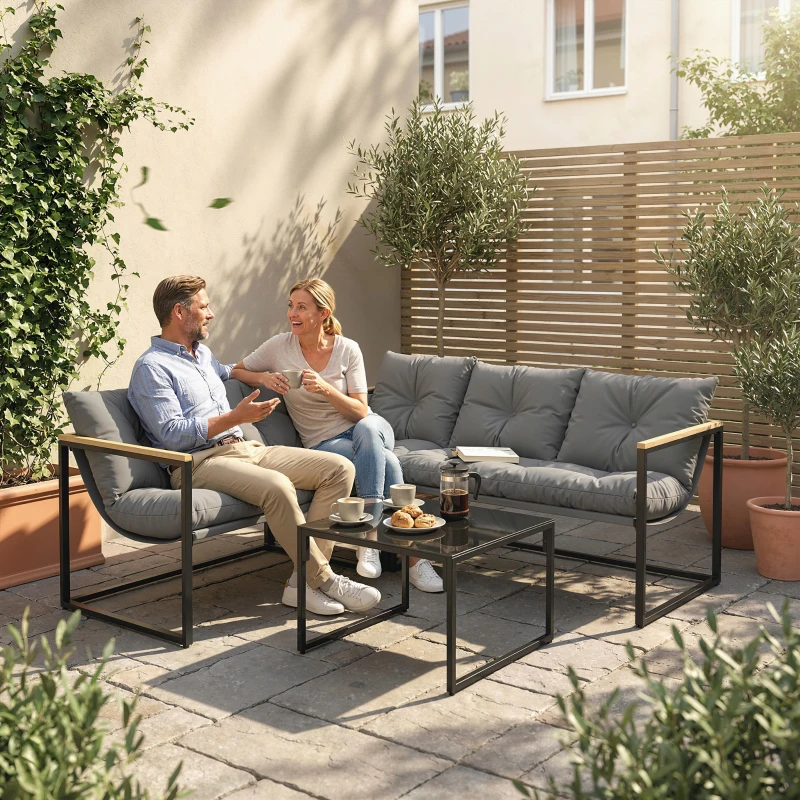 Outsunny Conjunto de Jardín Exterior con Cojines Gruesos 2 Sofás de 2 Plazas Sofá de Esquina y Mesa de Centro de Vidrio Gris