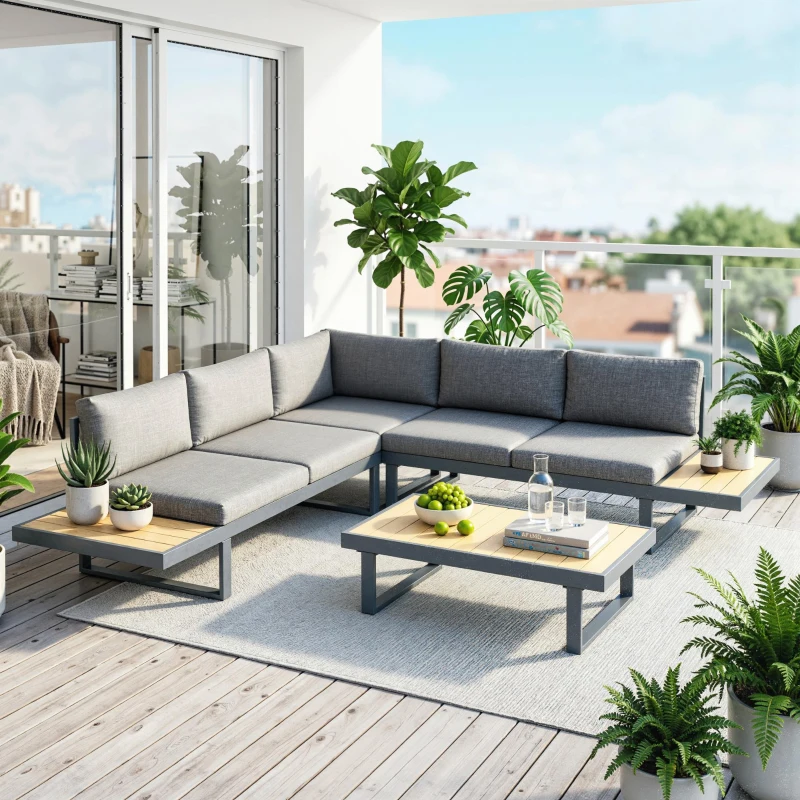 Outsunny Ensemble salon de jardin d'angle design 5 places coussins table basse alu. gris anthracite et imitation bois