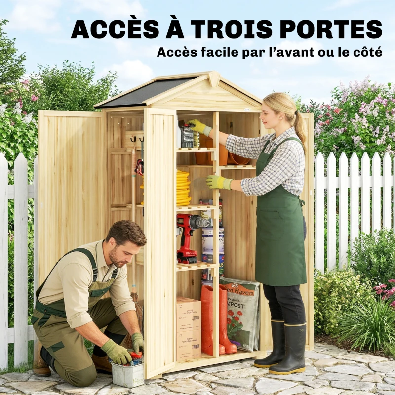 Outsunny Armoire de Jardin Extérieur en Bois 3 Portes, 4 Étagères, Toit à Pignon, Compartiment, 93x53x168cm, Naturel