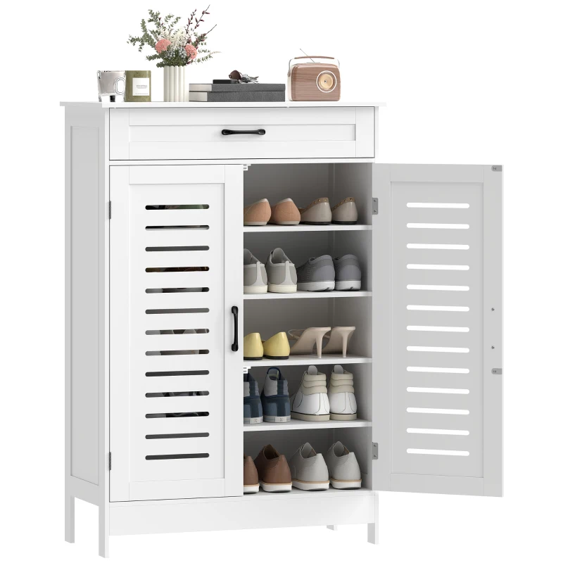 HOMCOM Meuble à chaussures 20 paires, armoire à chaussures avec 2 portes persiennes, tiroir et étagères réglables, blanc