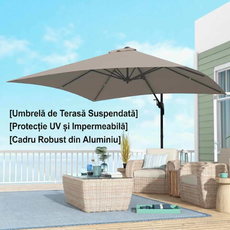 Outsunny Umbrelă de soare 3x3 m suspendată cu 8 spițe, pedală și manivelă, din aluminiu și poliester, culoare kaki