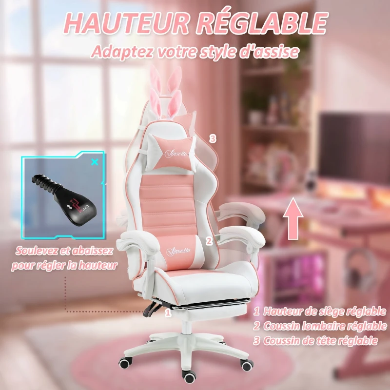 Vinsetto Chaise de gaming avec support lombaire, hauteur réglable, dossier inclinable, oreilles de lapin et appui-tête, rose