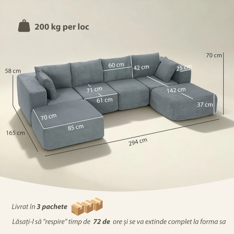 HOMCOM Colțar Modular din Material Catifea și Spumă cu Perne, 294x165x70 cm, Gri Închis