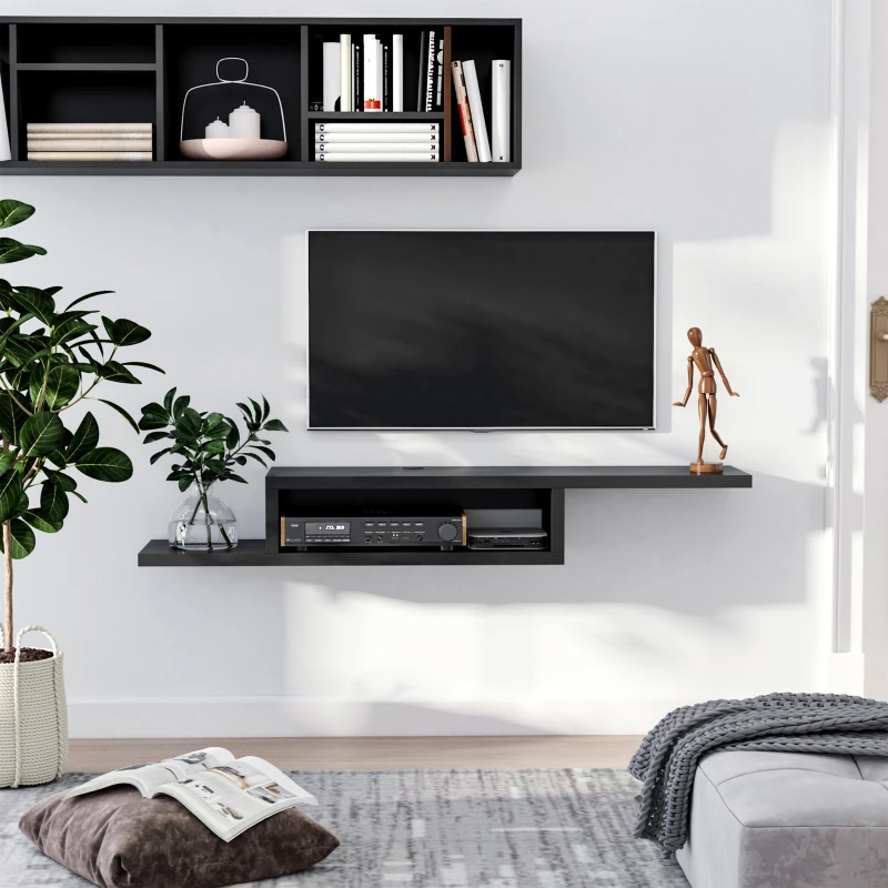 HOMCOM Floating TV Unit, Wall Mounted TV Stand with Open Shelf and 2 Cable Holes, Entertainment Unit for Living Room, Black