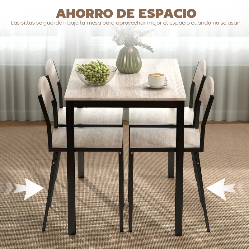 HOMCOM Conjunto de Mesa y 4 Sillas de Comedor para 4 Personas, Estilo Moderno con Estructura Metálica, Roble y Negro