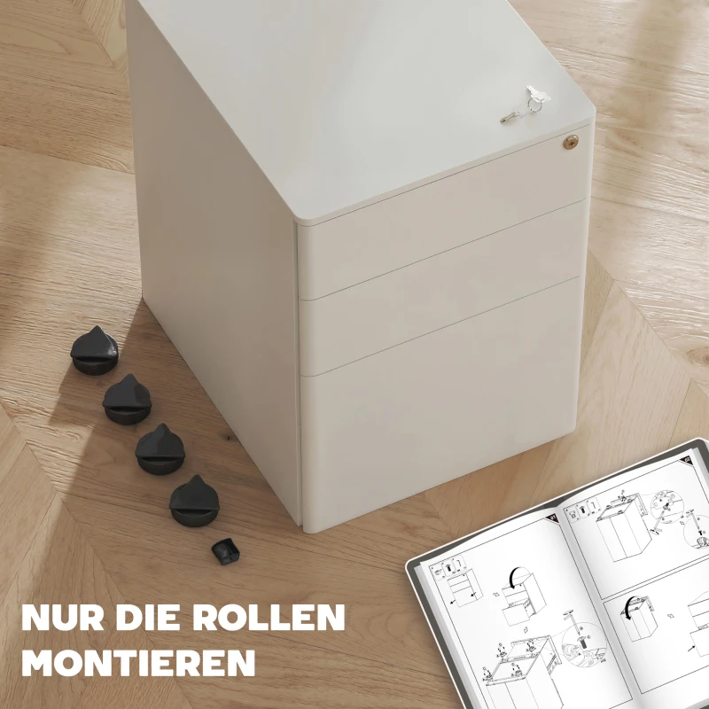 Vinsetto Gaveteiro móvel com 3 gavetas, armário de arquivos móvel com rodízios e fechadura, armário de escritório com arquivo suspenso e porta-canetas, gaveteiro para escritório, home office, 39 x 48 x 59 cm Branco