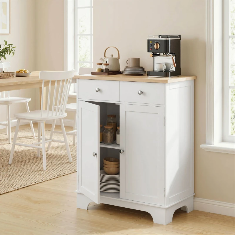 HOMCOM Credenza Bassa con Armadietto 2 Ante, Ripiani Regolabili e 2 Cassetti, Bianco e Legno