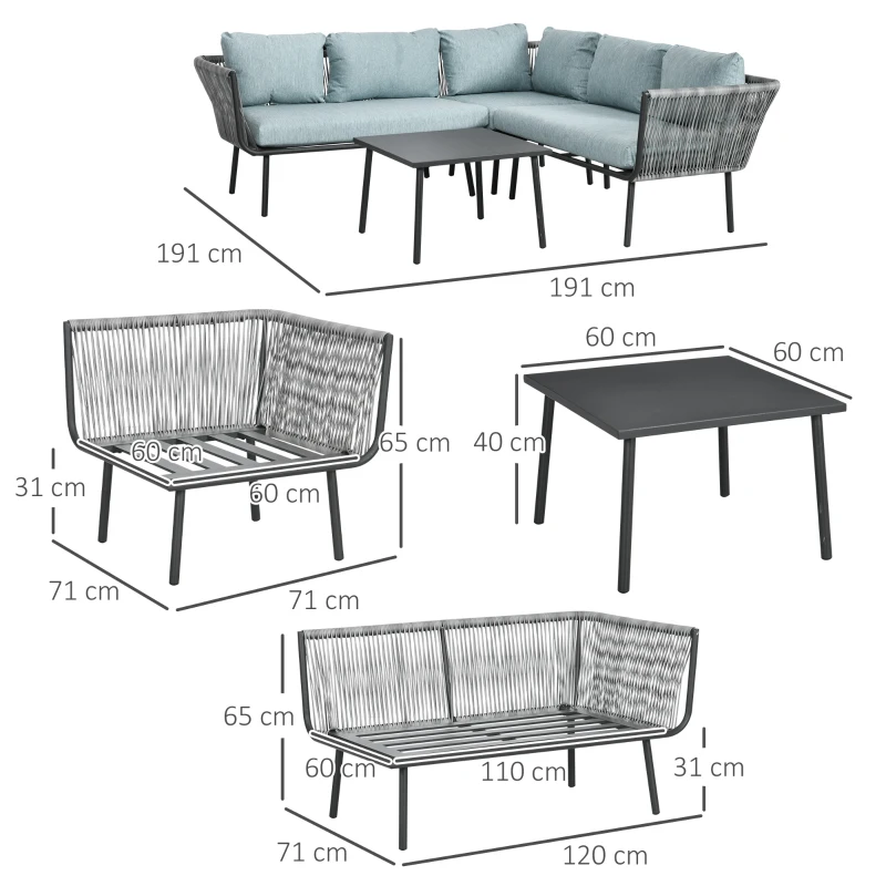 Outsunny Set da Giardino 4 Pezzi in Rattan con Tavolino da Caffè, 2 Divani ad Angolo e Poltroncina, Nero Grigio e Blu