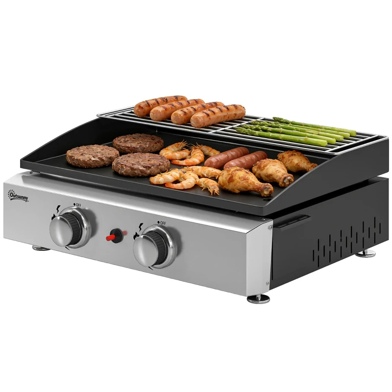 Outsunny 2 Burner Grill Griddle, Portable Gas Plancha with Warming Rack, 5 kW, Tabletop Gas BBQ with Grease Cup, Black