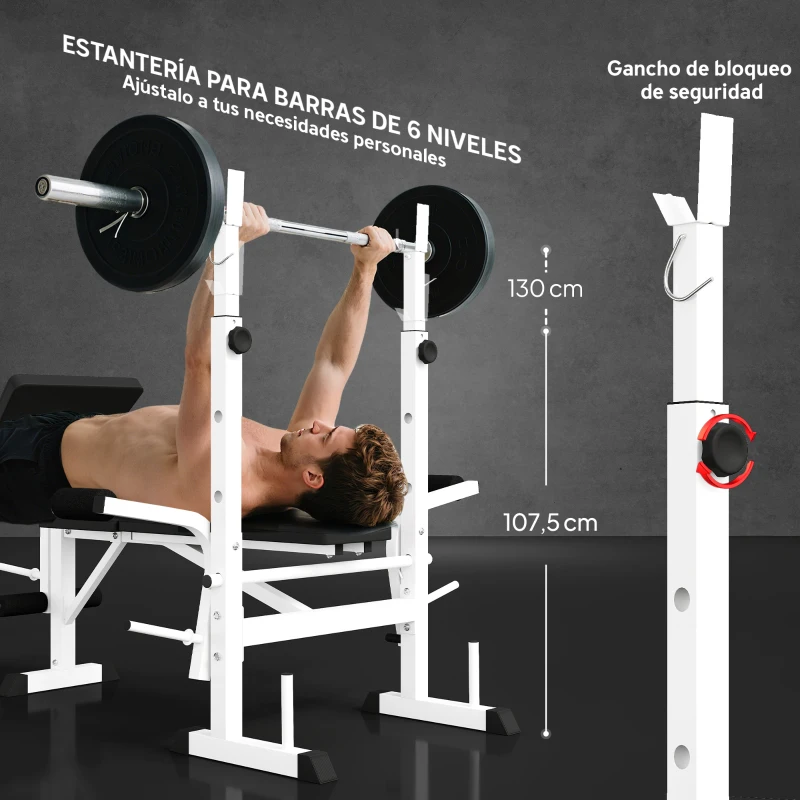 HOMCOM Banco de Musculación Inclinable con Soporte para Barra Ajustable Extensión de Piernas y Curl de Predicador para Gimnasio