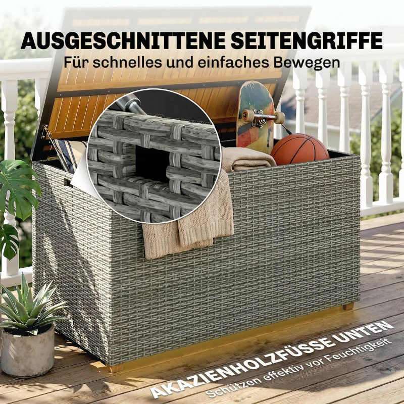 Outsunny Gartenbox 450 L Polyrattan wasserdicht Auflagenbox mit FSC-Holz-Deckel Gasdruckfedern Innenfutter