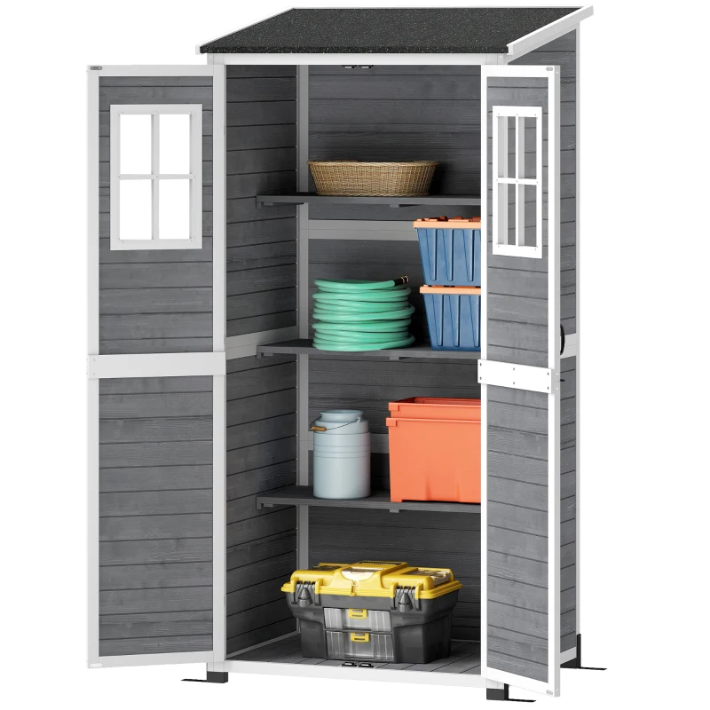Outsunny Abrigo de armazenamento para jardim, abrigo de ferramentas com 2 janelas, estacas para base, telhado em betume, 91 x 69 x 192 cm, madeira de pinho, Cinzento claro