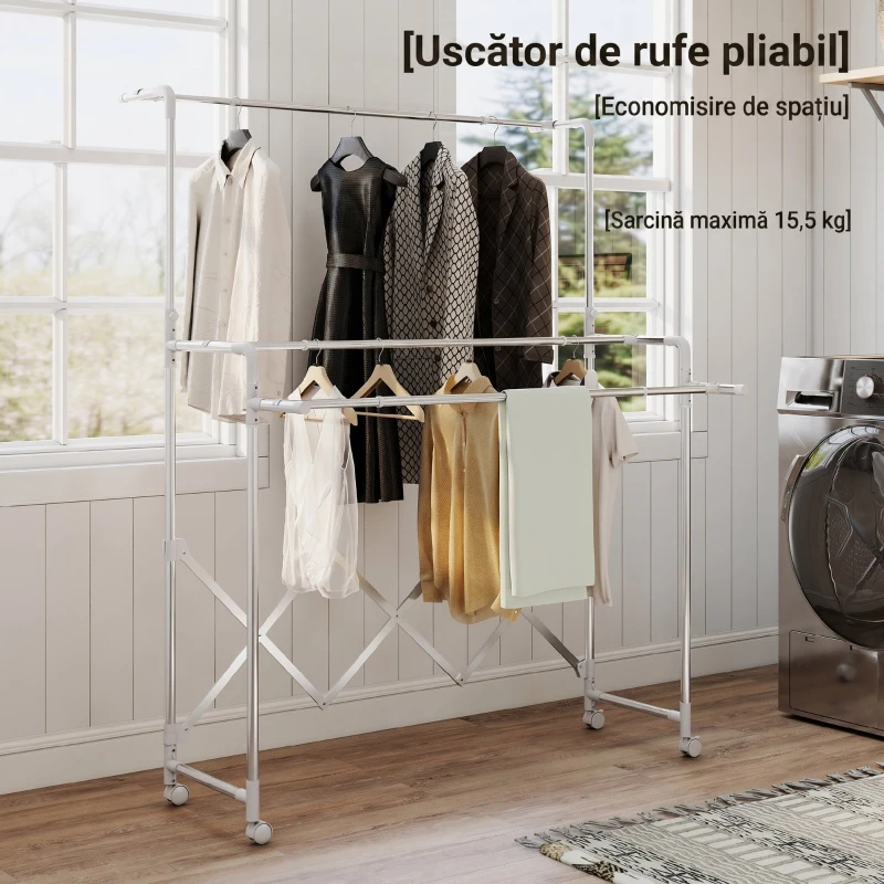 HOMCOM Uscător de Rufe Pliabil cu 3 Bare Reglabile, Roți Rotative și Cadru din Oțel Inoxidabil, Argintiu