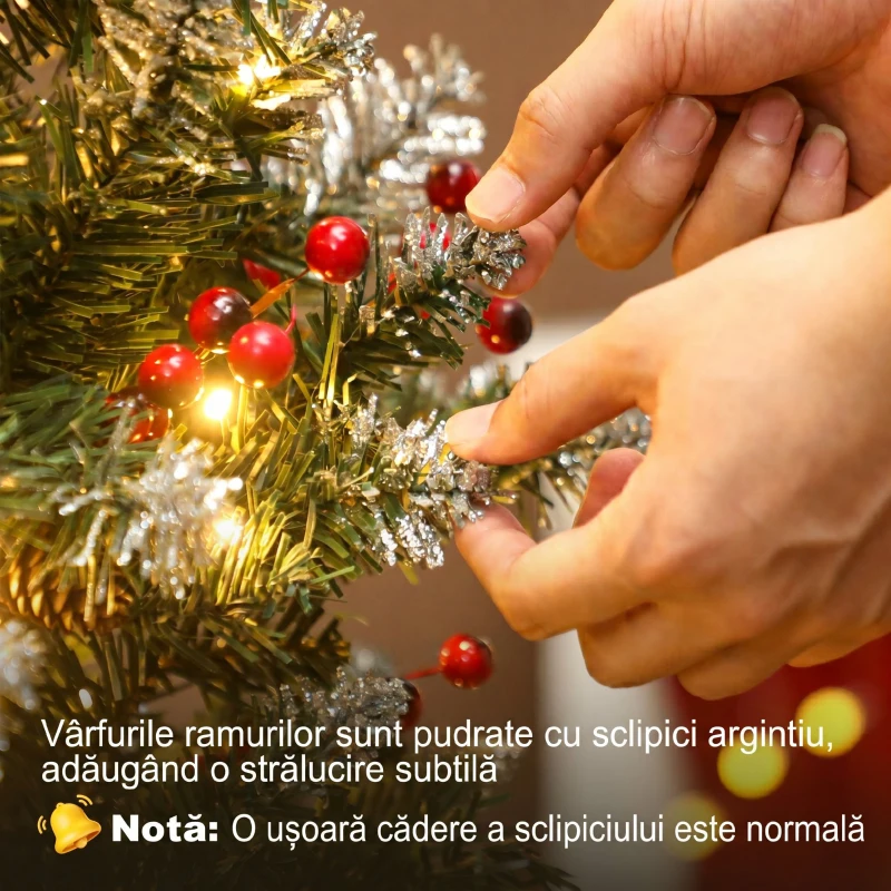 HOMCOM Brad de Crăciun Iluminat cu 200 de Lumini LED, 42 Conuri și 42 Ciorchini de Fructe de Pădure, Ø65x180 cm, Verde și Argintiu