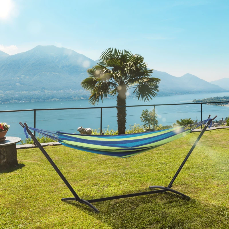 Outsunny Hamaca con Soporte 310x117 cm para Camping con Altura Ajustable y Bolsa de Transporte Carga 120 kg Rayas Verdes y Azules