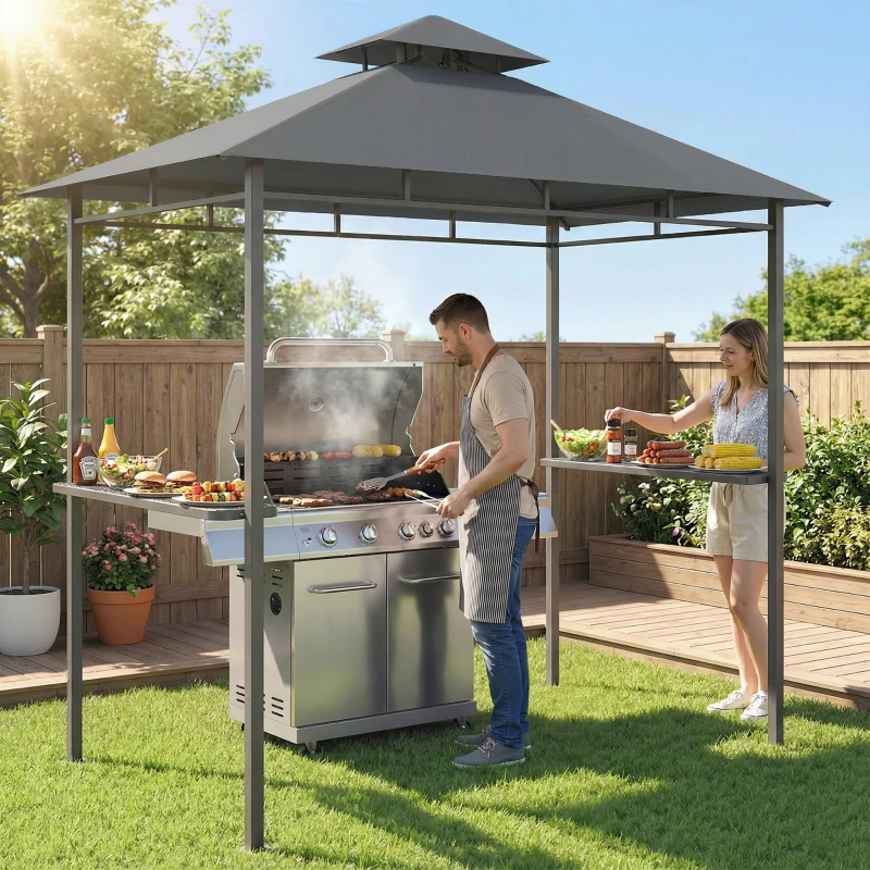 Outsunny Grillpavillon 2,4 x 1,4 m, Windfest Grillüberdachung mit Doppeldach Lüftungsöffnung Seitenregalen