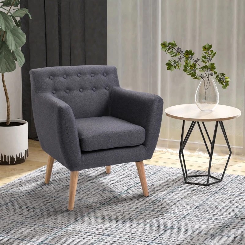 HOMCOM Butaca para Dormitorio con Reposabrazos y Patas de Madera Sofá Individual Carga 125 kg para Oficina Gris Oscuro