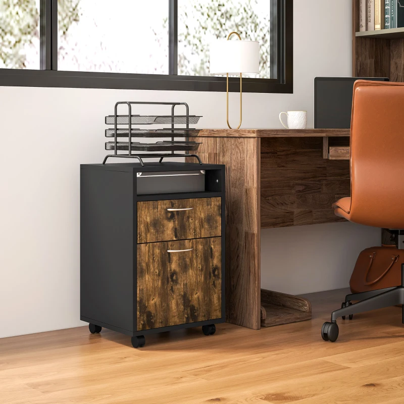 HOMCOM Cassettiera Portadocumenti con Cassetto e Ripiano, 4 Ruote, 40x35x60cm, Marrone e Nero
