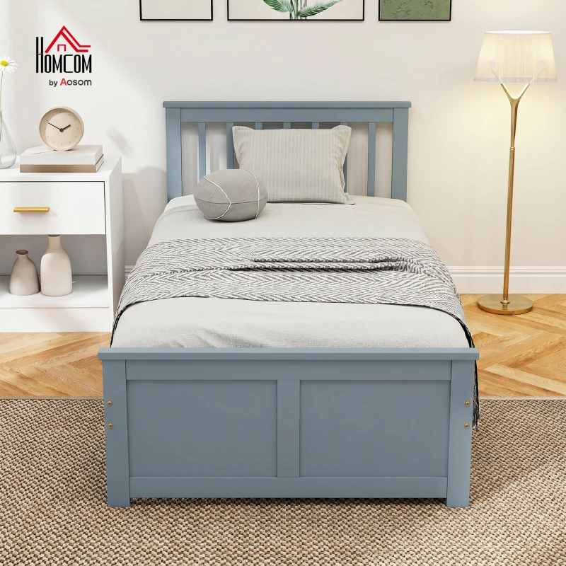 HOMCOM Pine Storage Bed, 3ft Single Solid Wooden Bed Frame with Drawers, Headboard, Wood Slat Support, Grey