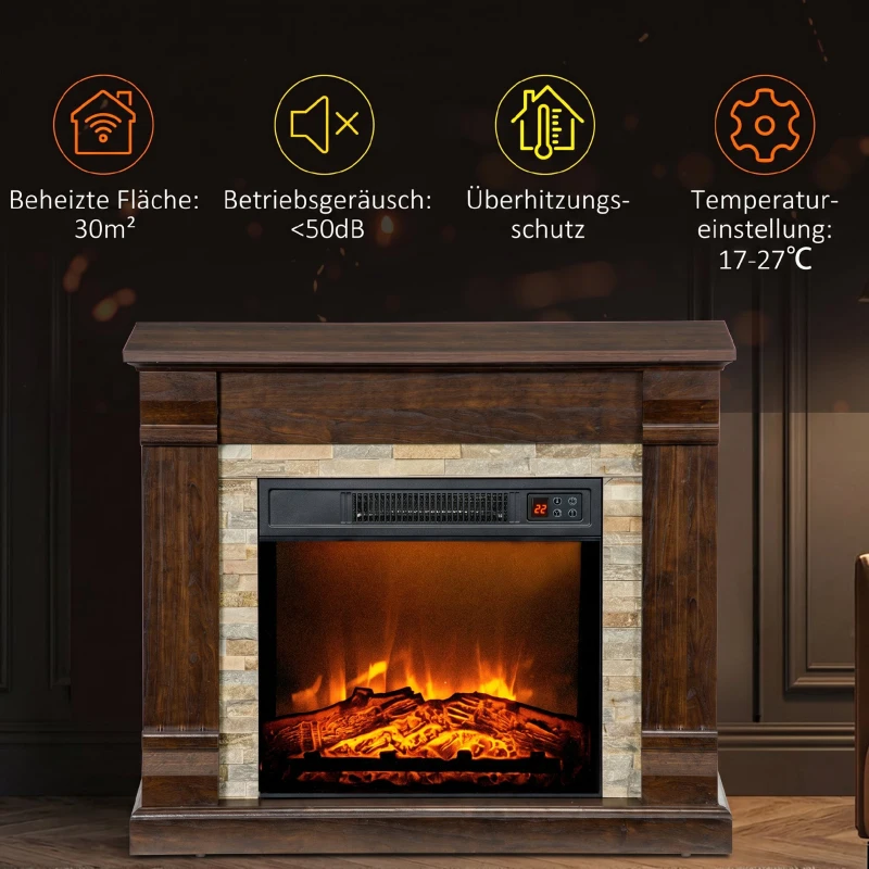 HOMCOM Elektrokamin 1800W elektrischer Kamin mit Heizung, Fernbedienung, Überhitzungsschutz, Dekokamin  Dunkelbraun