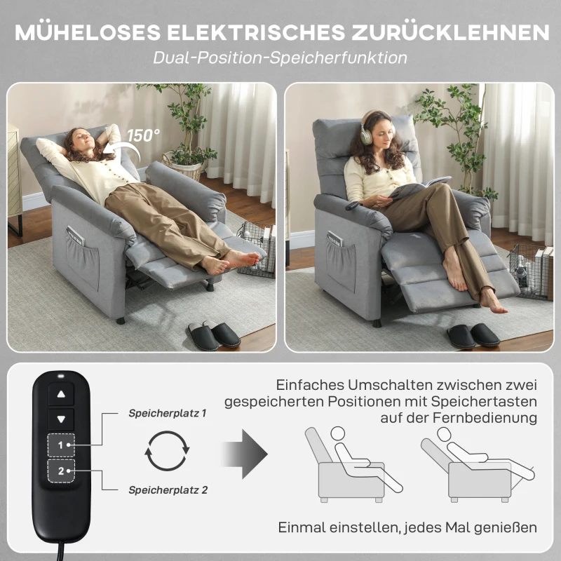 HOMCOM Relaxsessel, Fernsehsessel mit Liegefunktion, Lendenheizung, 2 Fernbedienungen, USB-Anschluss, Leisem Motor, Grau