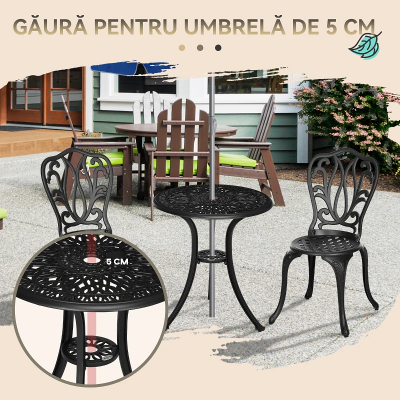 Outsunny Set de Grădină Exterior cu 2 Scaune și Masă din Aluminiu cu Orificiu pentru Umbrelă, 60x60x66 cm, Negru