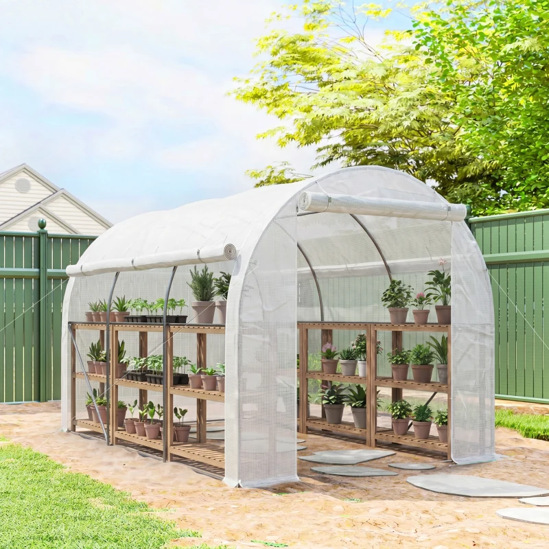 Outsunny Serre de jardin 6 m² dim. 3 x 2 m avec 1 porte + 2 parois latérales zippées enroulables, 6 fenêtres, Blanc