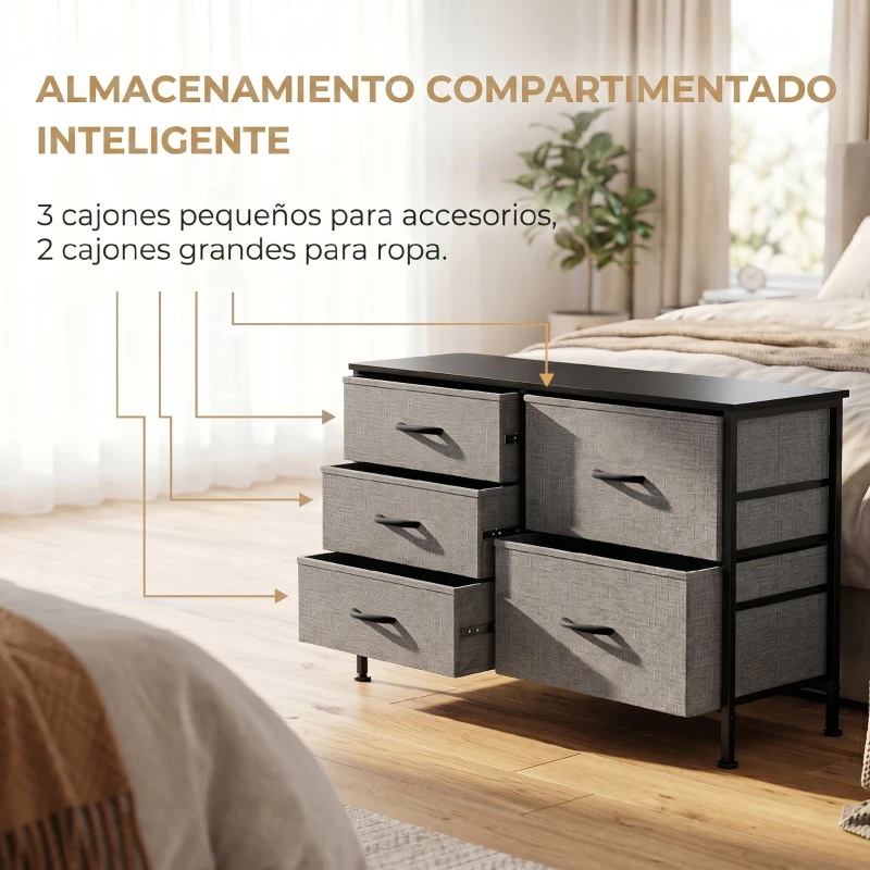 HOMCOM Cómoda con 5 Cajones de Tela Cómoda para Dormitorio Marco de Acero Cajonera para Salón Oficina Gris Oscuro y Negro