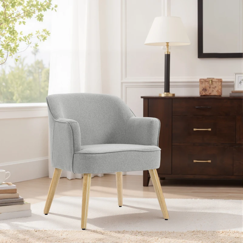 HOMCOM Butaca de Salón Moderna Sillón Tapizado en Lino Sintético Patas de Madera para Dormitorio Oficina 64,5x65x79,5 cm Crema